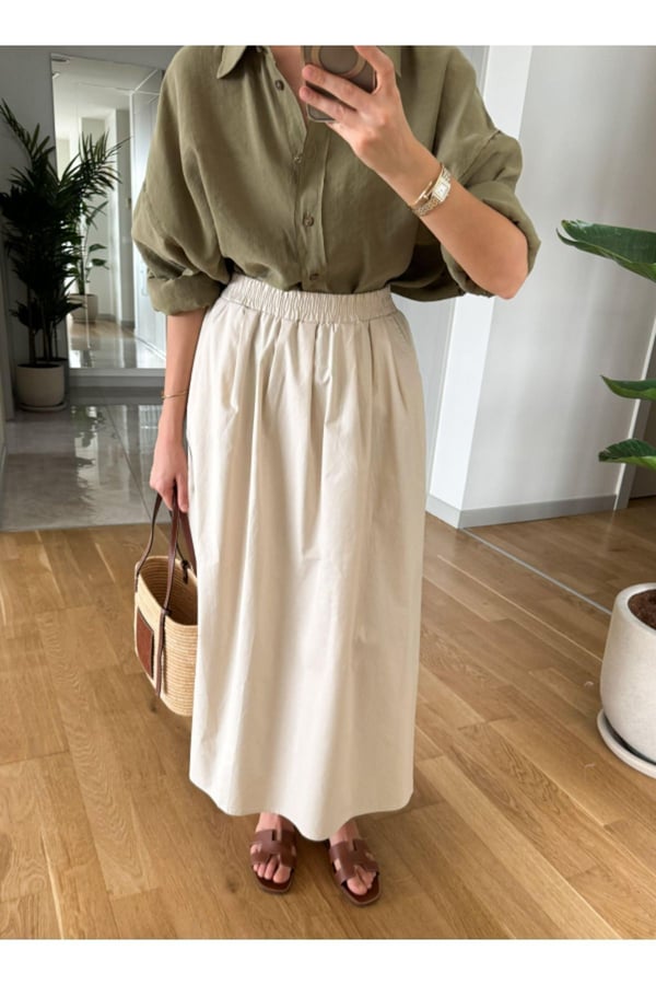 Siyah Beli Lastikli Poplin Yandan Cepli Etek