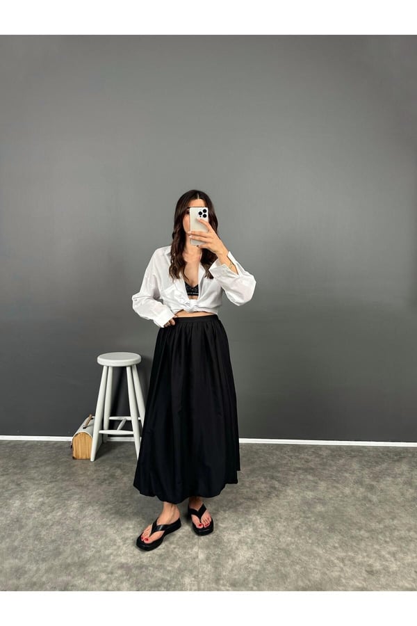 Siyah Beli Lastikli Poplin Yandan Cepli Etek