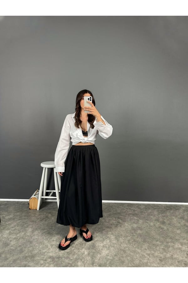 Siyah Beli Lastikli Poplin Yandan Cepli Etek