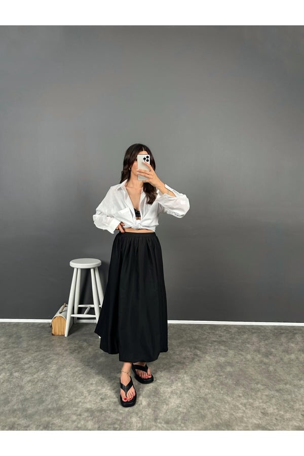 Siyah Beli Lastikli Poplin Yandan Cepli Etek
