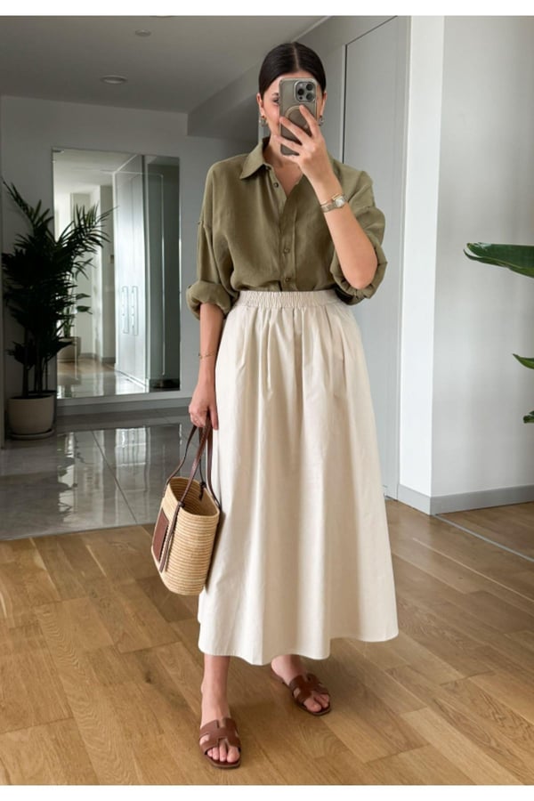 Siyah Beli Lastikli Poplin Yandan Cepli Etek