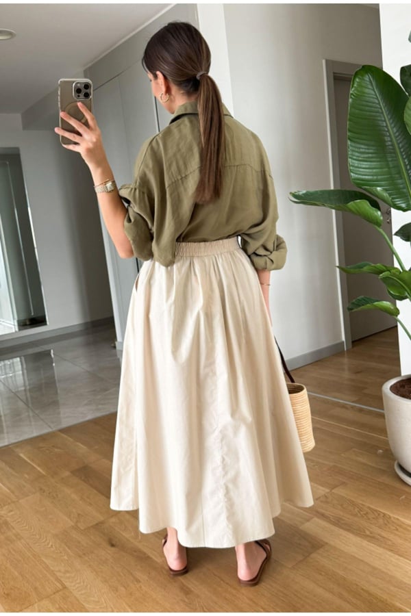 Siyah Beli Lastikli Poplin Yandan Cepli Etek