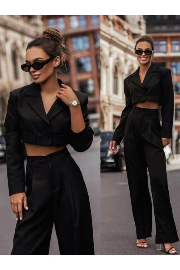 Siyah Crop Ceket Pantolon Takımı
