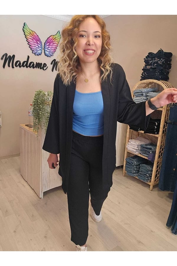 Siyah Renk Kadın Kimono Bürümcük Kumaş Alt-üst Takım