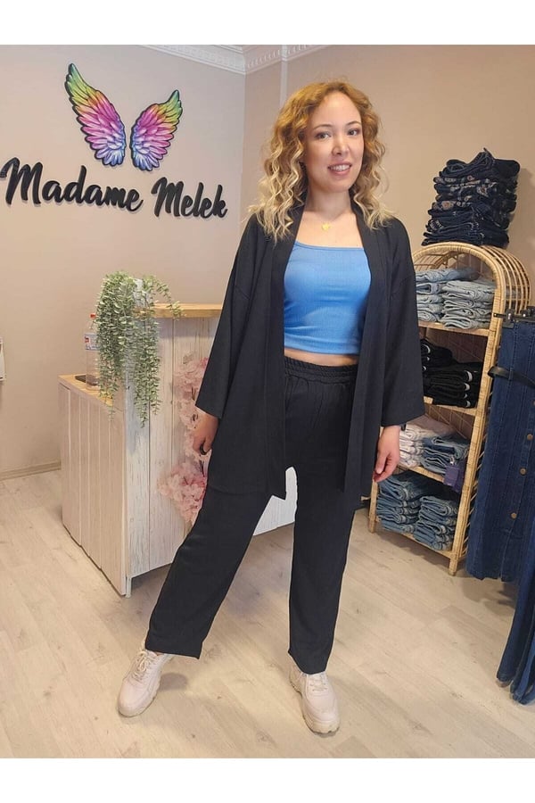 Siyah Renk Kadın Kimono Bürümcük Kumaş Alt-üst Takım