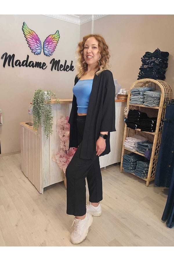 Siyah Renk Kadın Kimono Bürümcük Kumaş Alt-üst Takım