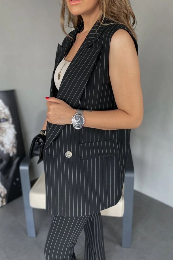 Siyah Renk Premium Boy Fit Kadın Pantolon Kolsuz Ceket Yelek Takımı Atlas Kumaş