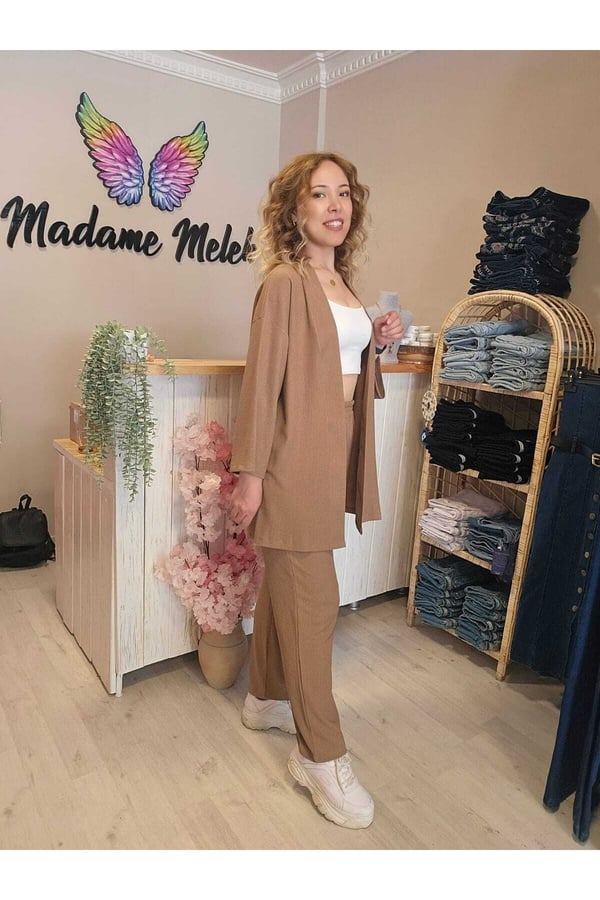 Sütlü Kahve Renk Kadın Kimono Bürümcük Kumaş Alt-üst Takım