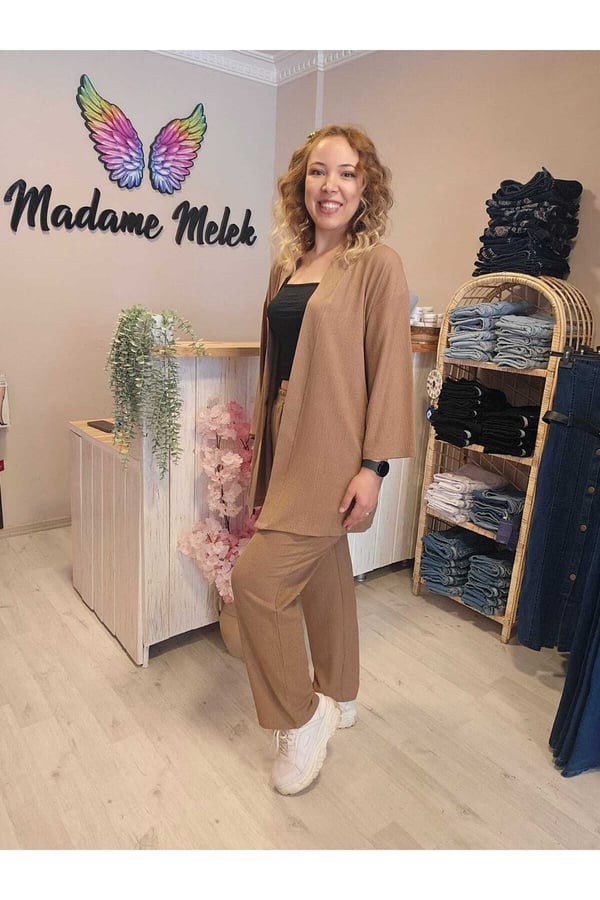 Sütlü Kahve Renk Kadın Kimono Bürümcük Kumaş Alt-üst Takım