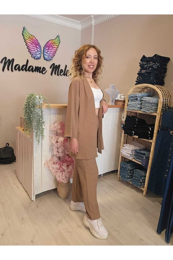 Sütlü Kahve Renk Kadın Kimono Bürümcük Kumaş Alt-üst Takım