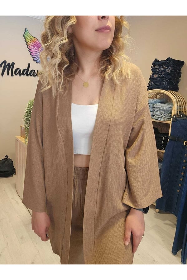 Sütlü Kahve Renk Kadın Kimono Bürümcük Kumaş Alt-üst Takım