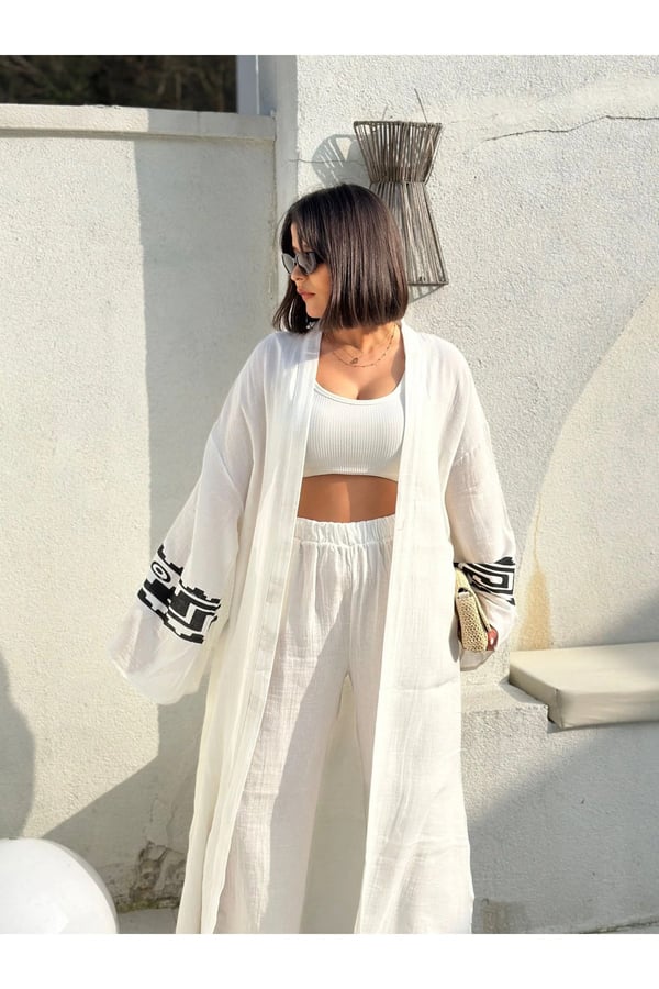 Tarly Kimono Takım Pantolon Kimono Takımı Müslin Kumaş Uzun Maxi Boy Gömlek Pantolonlu Takım