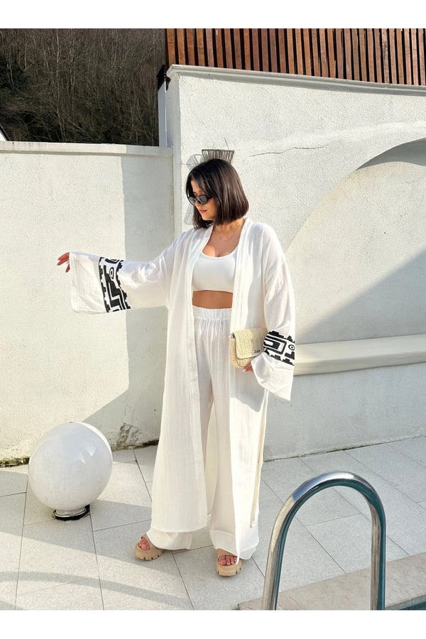 Tarly Kimono Takım Pantolon Kimono Takımı Müslin Kumaş Uzun Maxi Boy Gömlek Pantolonlu Takım