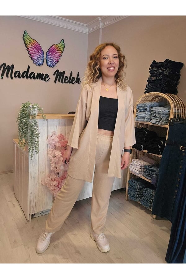 Taş Renk Kadın Kimono Bürümcük Kumaş Alt-üst Takım