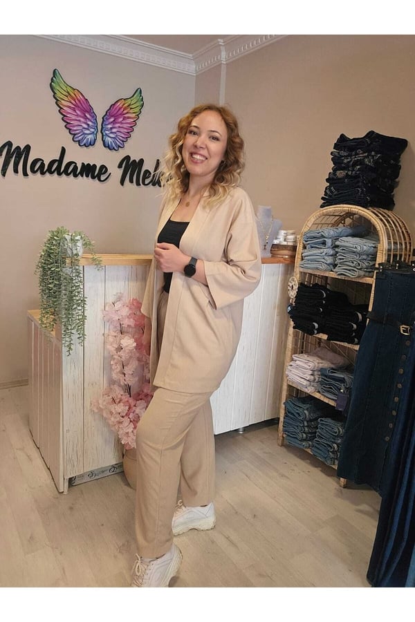 Taş Renk Kadın Kimono Bürümcük Kumaş Alt-üst Takım