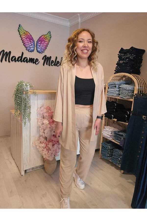 Taş Renk Kadın Kimono Bürümcük Kumaş Alt-üst Takım