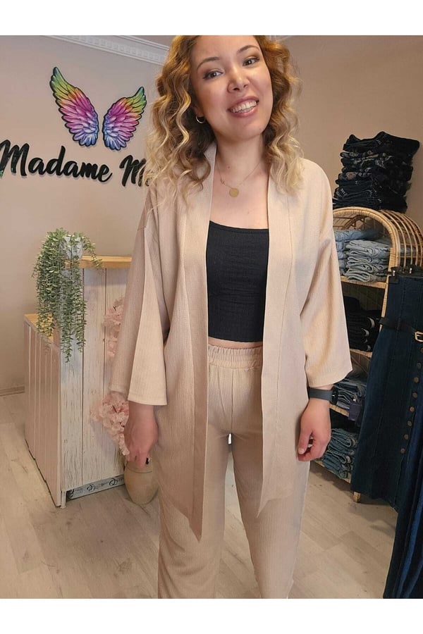 Taş Renk Kadın Kimono Bürümcük Kumaş Alt-üst Takım