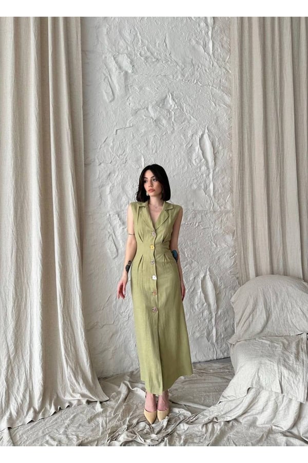 Tasarım Düğmeli Uzun Bilek Boy Premium Keten Elbise Gabardin Pamuk