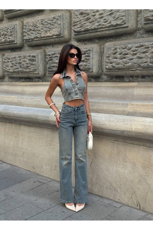 Tasarım İthal Kumaş Üst Kalite Kot Crop Yelek Yaka Detaylı Düğmeli Kadın Jean Bluz