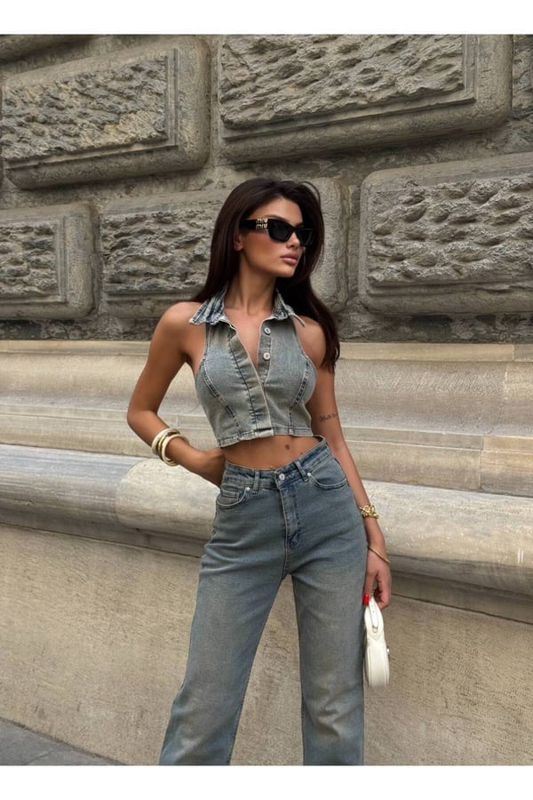 Tasarım İthal Kumaş Üst Kalite Kot Crop Yelek Yaka Detaylı Düğmeli Kadın Jean Bluz