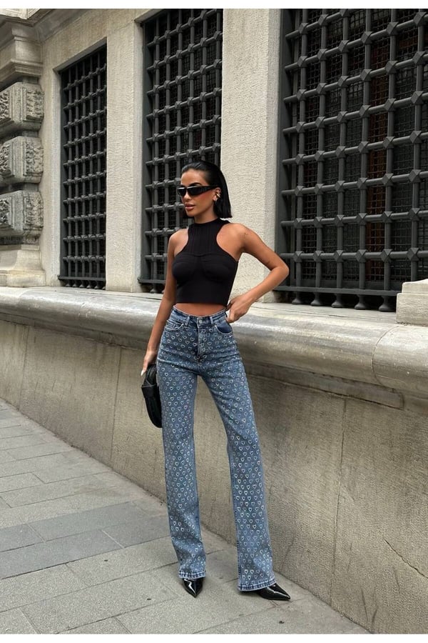 Tasarım Pinterest Model Kot Pantolon Jeans İthal Kumaş Kalite Palazzo Pantolon Taş Baskılı