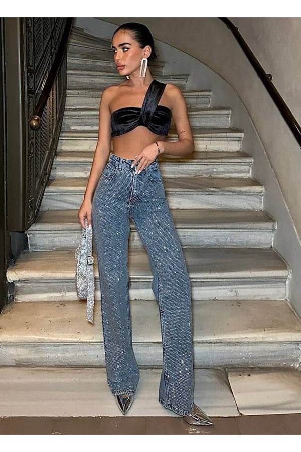 Tasarım Pinterest Model Kot Pantolon Jeans İthal Kumaş Kalite Palazzo Pantolon Taş Baskılı