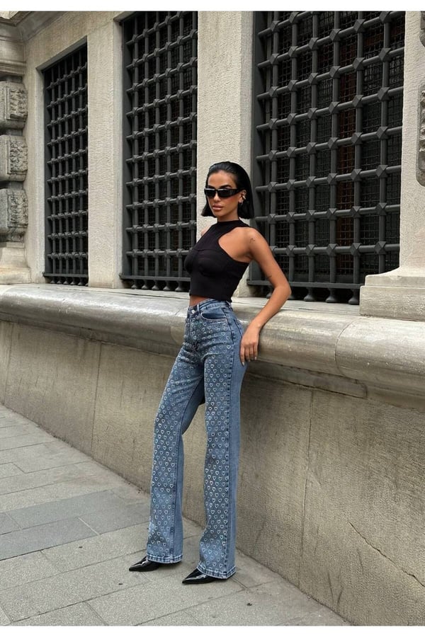 Tasarım Pinterest Model Kot Pantolon Jeans İthal Kumaş Kalite Palazzo Pantolon Taş Baskılı
