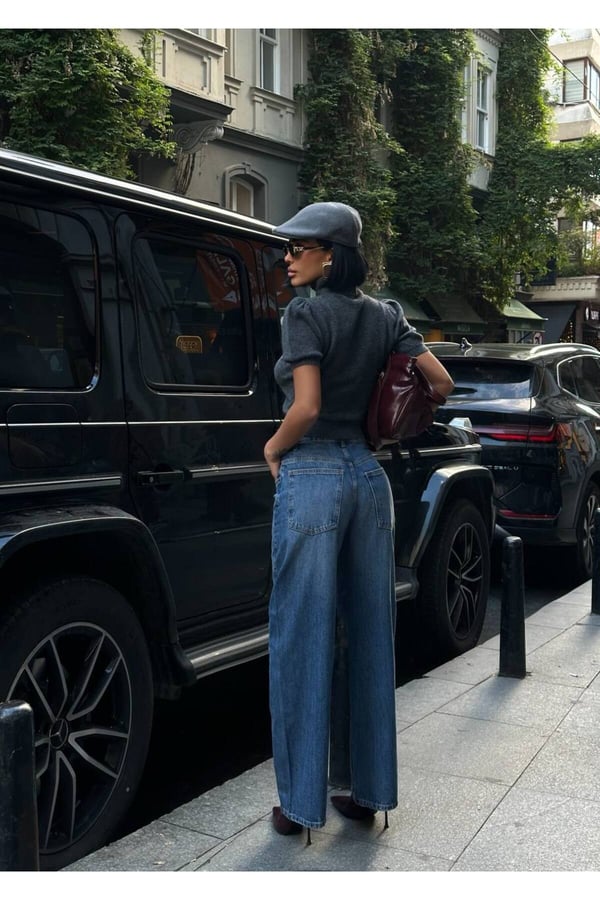 Tasarım Yeni Sezon Baloon Jean Pantolon Kadın Yüksek Bel Bol Kesim Rahat Kalıp Kot Pantolon
