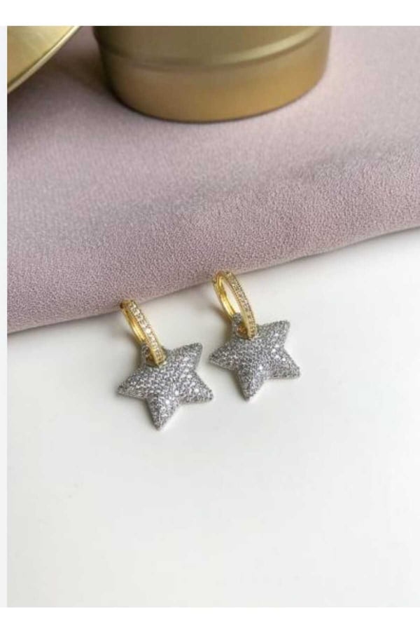 Taşlı Çift Renk Yıldız Çelik Küpe - Özel Seri 2,5 cm