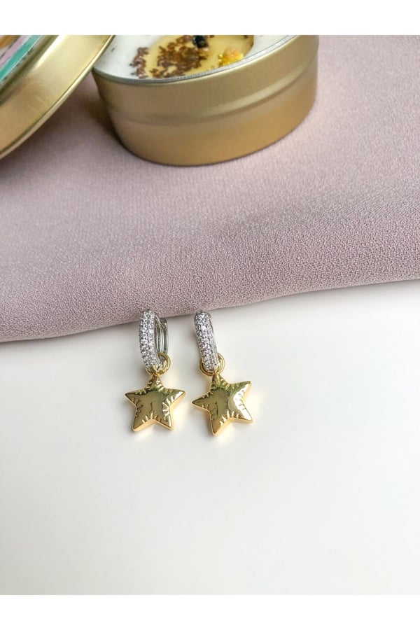 Taşlı Çift Renk Yıldız Küpe - Özel Seri 2,5 cm