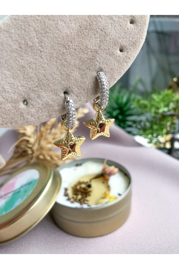 Taşlı Çift Renk Yıldız Küpe - Özel Seri 2,5 cm