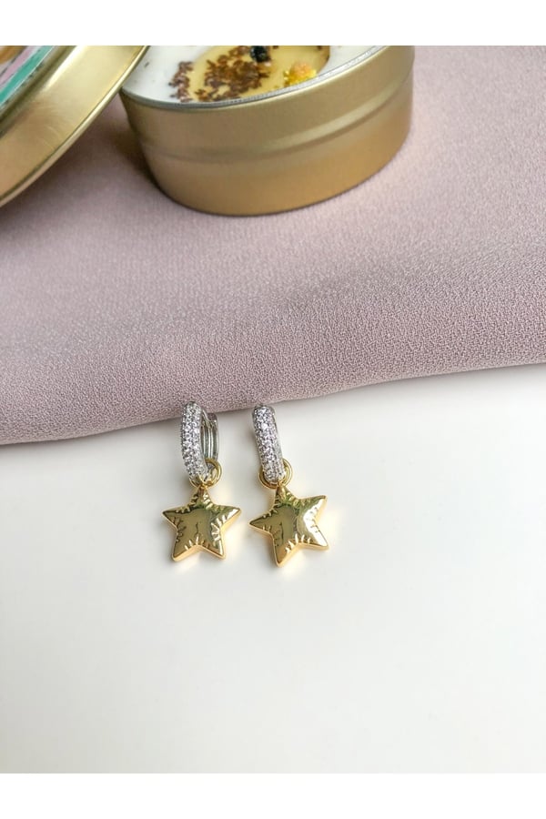 Taşlı Çift Renk Yıldız Küpe - Özel Seri 2,5 cm
