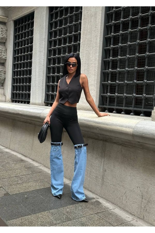 Tayt Detaylı Jean Tozluk Premium Tasarım Tayt Üstü Jean Paça Kadın Pantolon