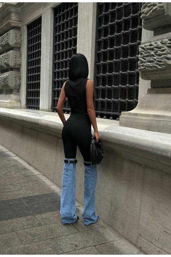 Tayt Detaylı Jean Tozluk Premium Tasarım Tayt Üstü Jean Paça Kadın Pantolon