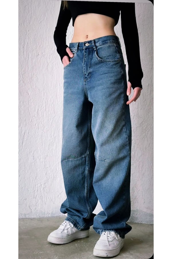 Tibet Baggy Toka Detaylı Bol Kesim Geniş Paça Rahat Baggy Jean Kot Salaş Kadın Pantolon