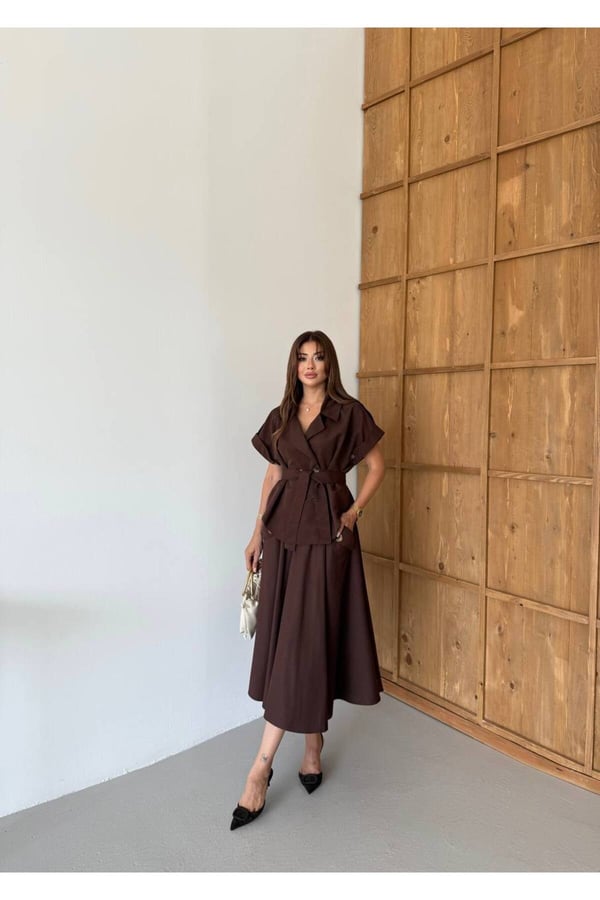 Trenç Kumaş Apoletli Astarlı Üst Midi Boy Cepli Etek İkili Takım (Kemer Dahil)