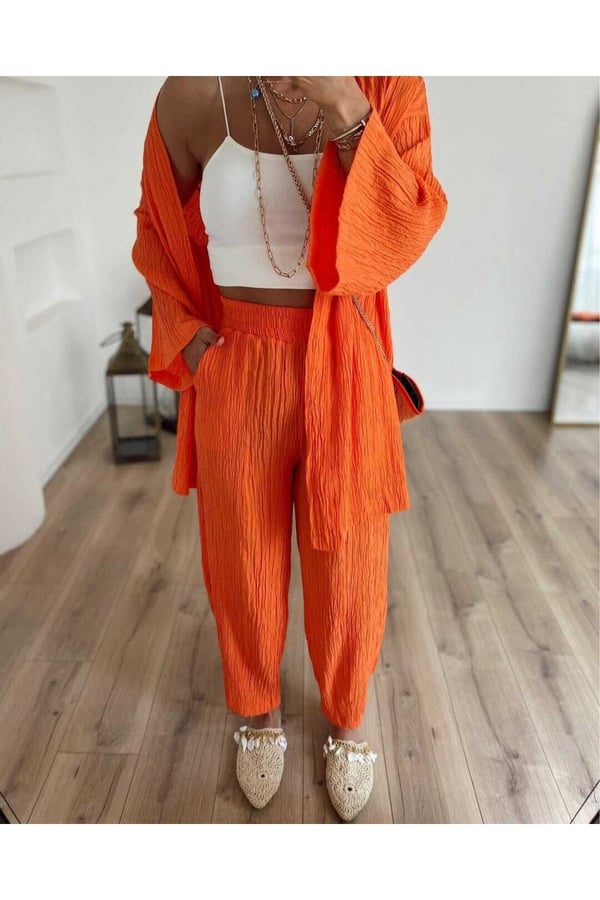 Turuncu Gofre Kimono-pantolon Takım