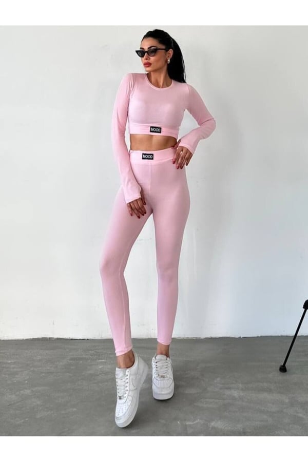 Uzun Kollu Parmak Detaylı Crop Ve Tayt Takım Sporcu Tayt Takım
