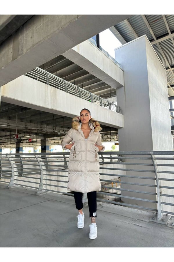 Waterproof Fabric İthal Kumaş İthal Kürklü Şişme Mont Kapşonlu Uzun Mont Kapüşonlu Şişme Uzun Mont