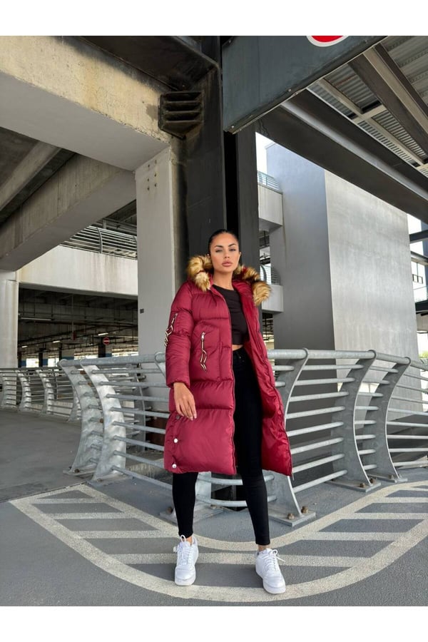 Waterproof Fabric İthal Kumaş İthal Kürklü Şişme Mont Kapşonlu Uzun Mont Kapüşonlu Şişme Uzun Mont