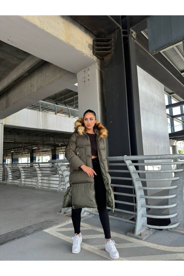 Waterproof Fabric İthal Kumaş İthal Kürklü Şişme Mont Kapşonlu Uzun Mont Kapüşonlu Şişme Uzun Mont