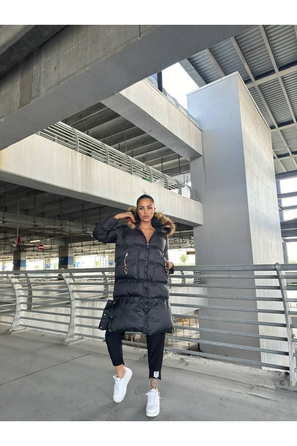 Waterproof Fabric İthal Kumaş İthal Kürklü Şişme Mont Kapşonlu Uzun Mont Kapüşonlu Şişme Uzun Mont
