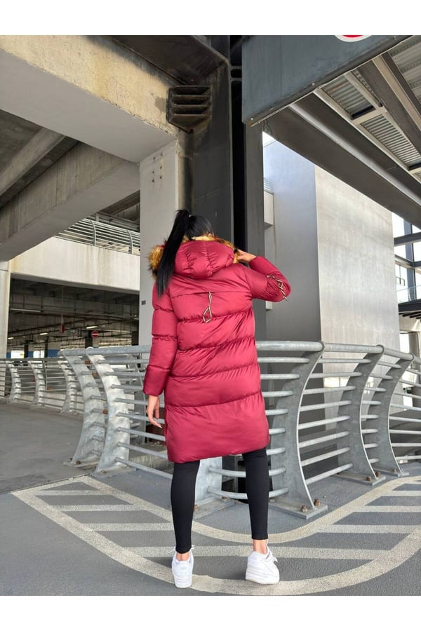 Waterproof Fabric İthal Kumaş İthal Kürklü Şişme Mont Kapşonlu Uzun Mont Kapüşonlu Şişme Uzun Mont