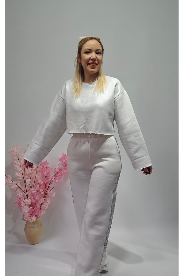 Yeni Sezon Beyaz Varaklı Crop Sweatshirt - Pantolon Eşofman Alt Üst Takım