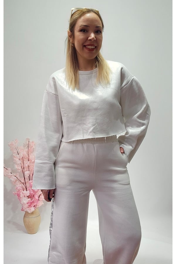 Yeni Sezon Beyaz Varaklı Crop Sweatshirt - Pantolon Eşofman Alt Üst Takım