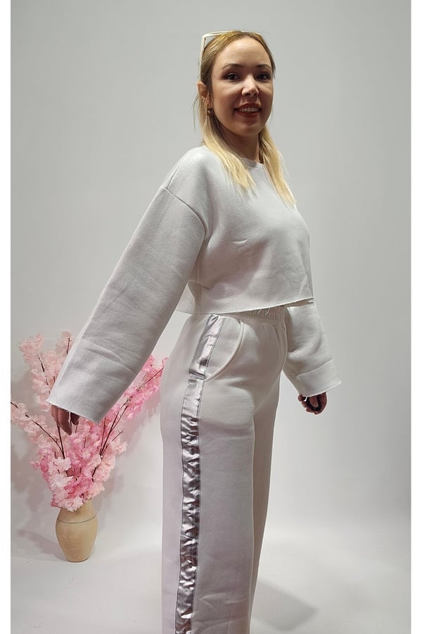 Yeni Sezon Beyaz Varaklı Crop Sweatshirt - Pantolon Eşofman Alt Üst Takım