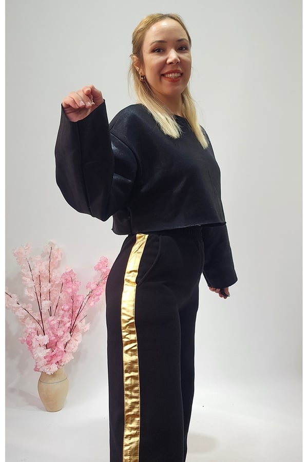 Yeni Sezon Siyah Varaklı Crop Sweatshirt - Pantolon Eşofman Alt Üst Takım