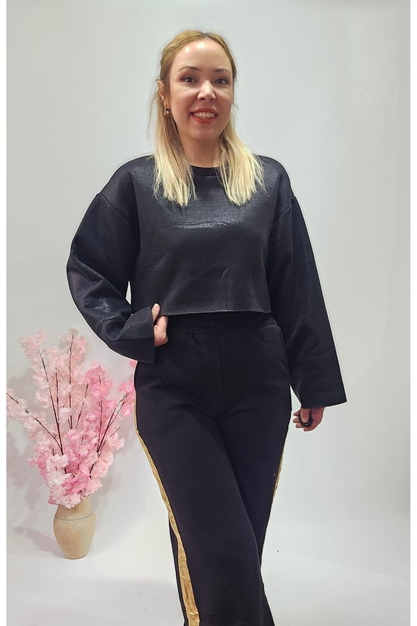 Yeni Sezon Siyah Varaklı Crop Sweatshirt - Pantolon Eşofman Alt Üst Takım