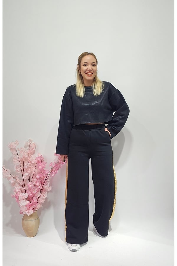 Yeni Sezon Siyah Varaklı Crop Sweatshirt - Pantolon Eşofman Alt Üst Takım