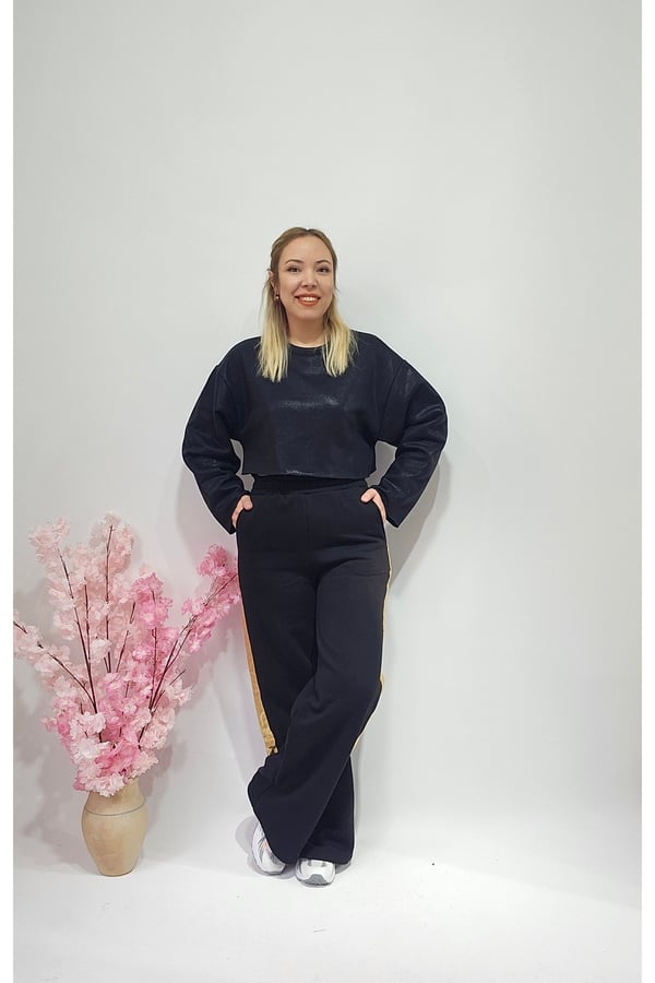 Yeni Sezon Siyah Varaklı Crop Sweatshirt - Pantolon Eşofman Alt Üst Takım